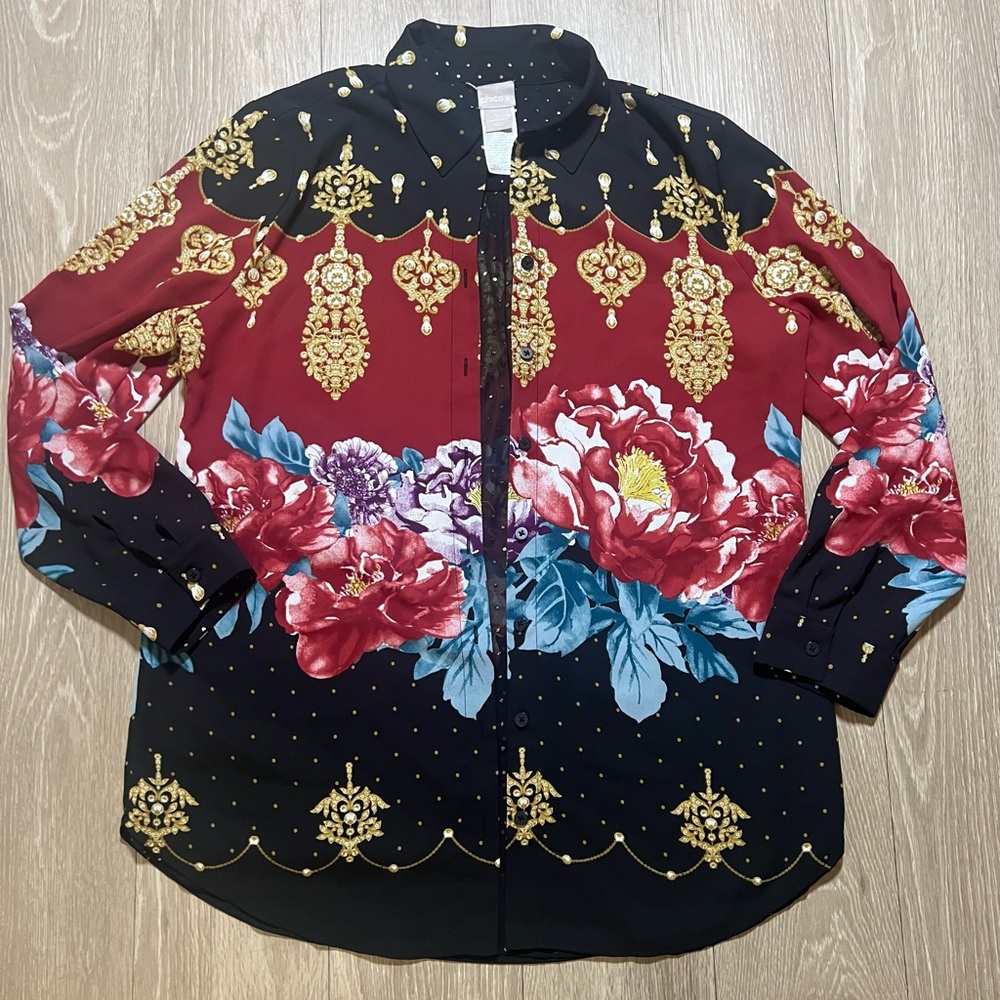 Chicos Floral Reversible Polka Dot Pattern Size 1 Button Up Blouse Long Sleeve